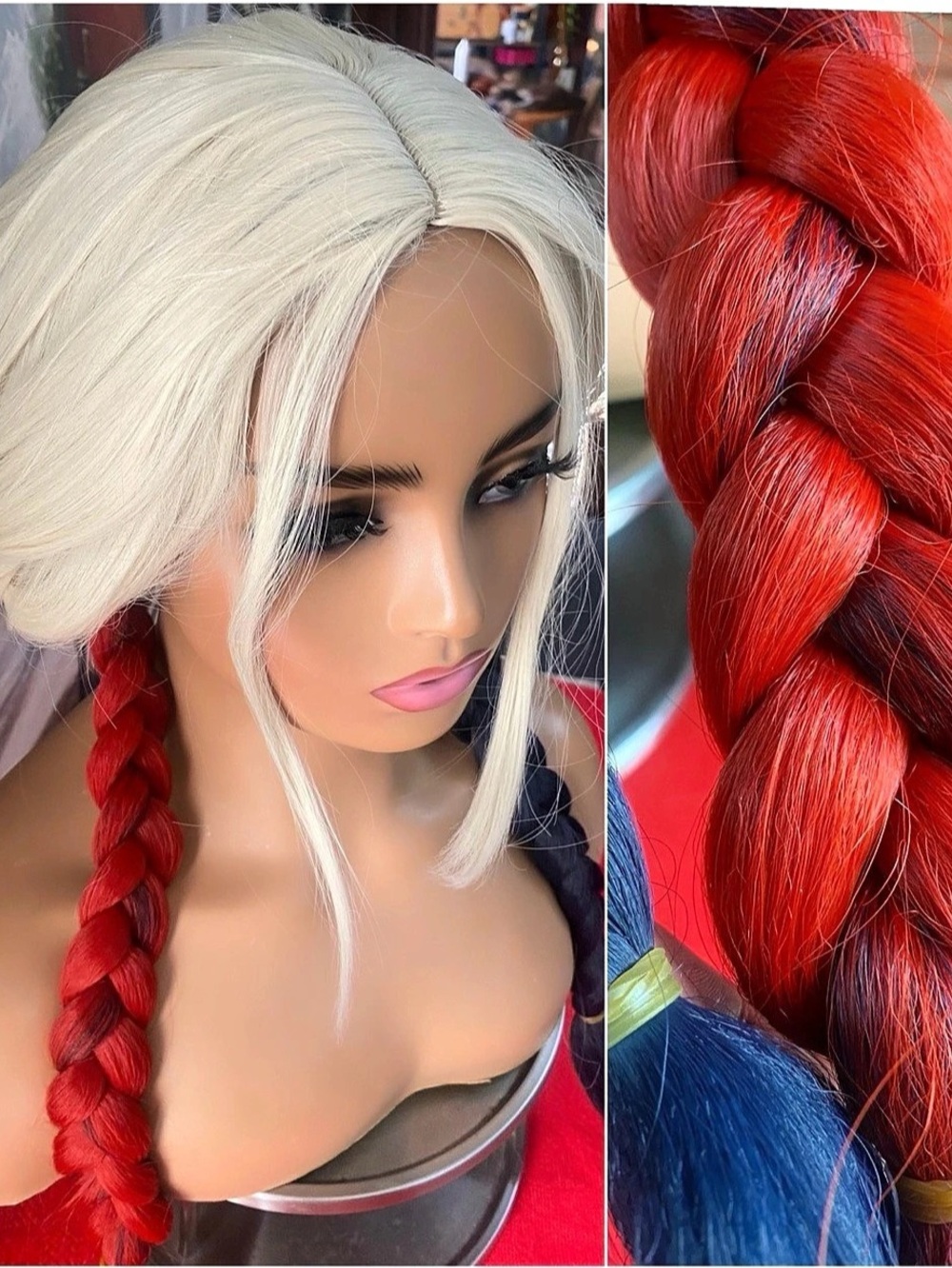 Navy blue & Red Braided harley quinn cosplay Wig NWT